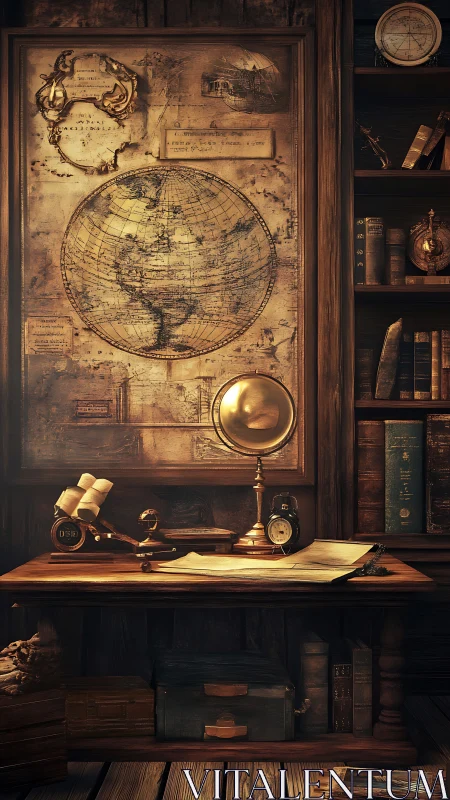 Photorealistic vintage cartography desk with globes and maps.