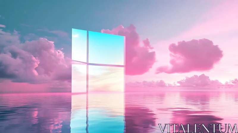 Rectangular glass structure stands in reflective pink seascape