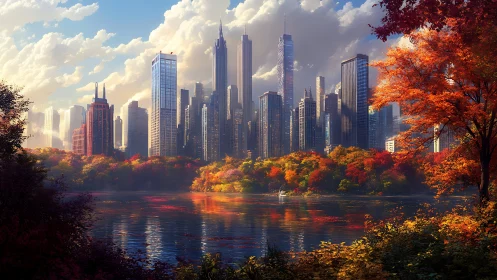 Autumn city skyline reflected across calm urban lake.