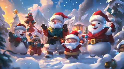 Snowmen and children celebrate Christmas in snowy village