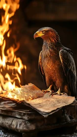 Raptor illuminated by flames over burning manuscript pages