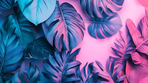 Neon blue and pink tropical leaves on soft pastel background.