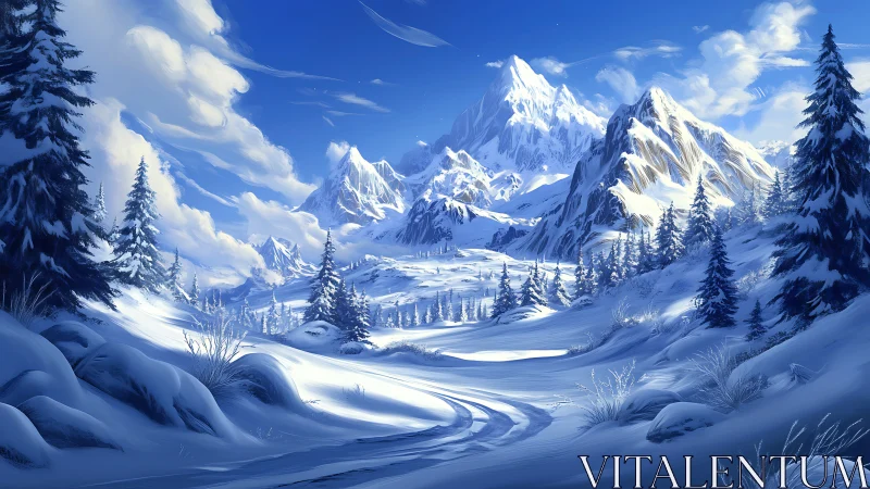 Snowlit mountain valley with winding winter path at dawn.