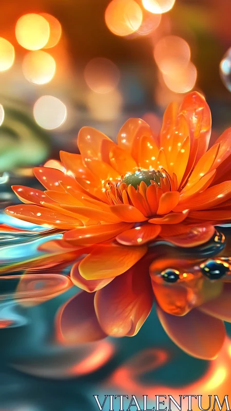 Luminous orange lotus over water with radiant reflections.
