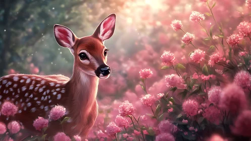 Gentle fawn pausing in a dreamy pink flower meadow.