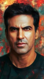 Charcoal gaze amid firebrush colors, a storm-still portrait.