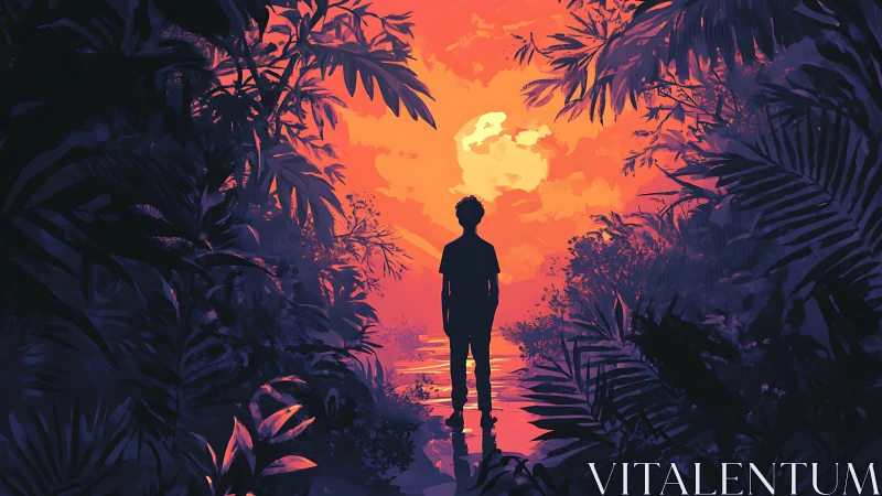 Silhouetted wanderer contemplates a vivid neon jungle sunset