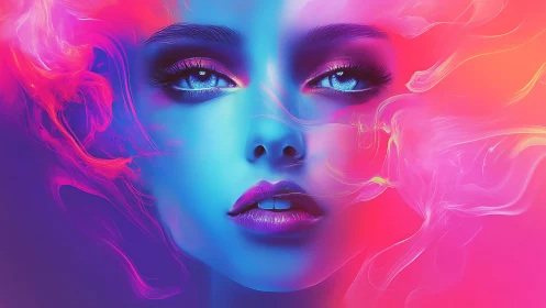 Neon-lit ethereal portrait in vivid cyan and magenta glow.