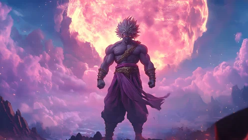 Celestial brawler crowned by a flaming cotton candy moon.