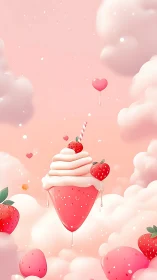 Floating strawberry cream slice amid pastel candy clouds