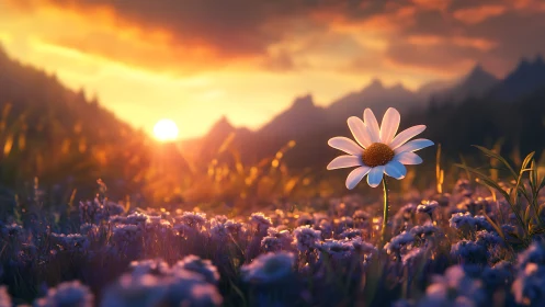Solitary daisy glows against blazing sunset mountain valley.
