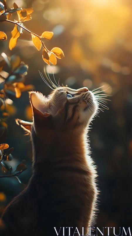Feline specimen observing golden foliage in backlighting conditions.