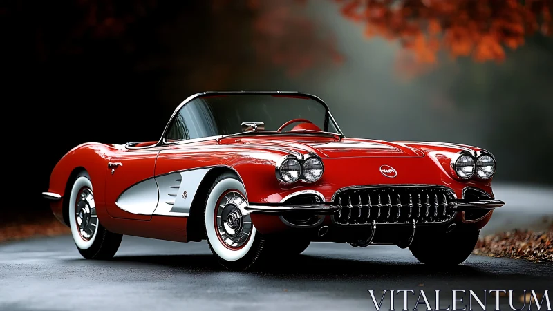 Classic red roadster glows under soft autumn overcast light.