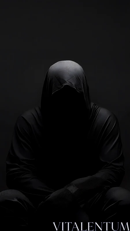 Hooded figure emerges from darkness in stark minimal light.