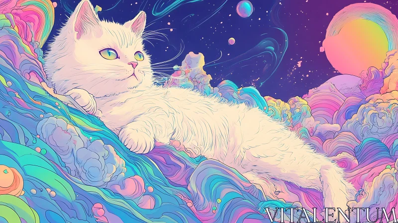 Celestial white cat rests among vibrant cosmic clouds and swirling galaxies