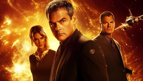 Spy team stands before explosive orange cosmic sky.