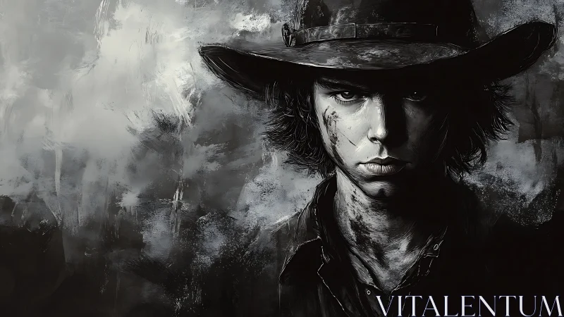 Brooding young gunslinger stares through stormy grayscale haze