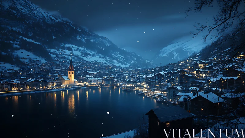 Snowy lakeside town glows under blue night lighting