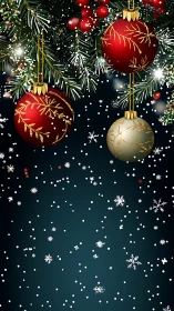 Glistening Christmas baubles glow softly amid falling snow