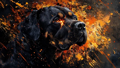 Loyal black dog glowing with fiery, bold splashes of color.
