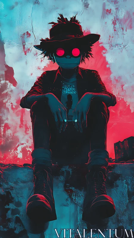 Cyberpunk loner with neon eyes on urban rooftop edge.