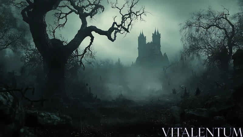 Foggy haunted castle rising beyond twisted forest shadows.