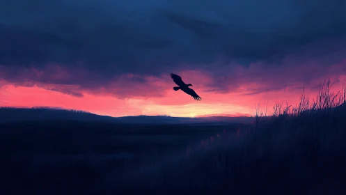 Solitary bird crosses vivid horizon under brooding dusk sky