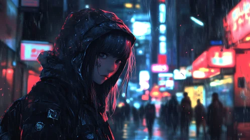 Hooded figure stands in rainy neon-lit urban street at night