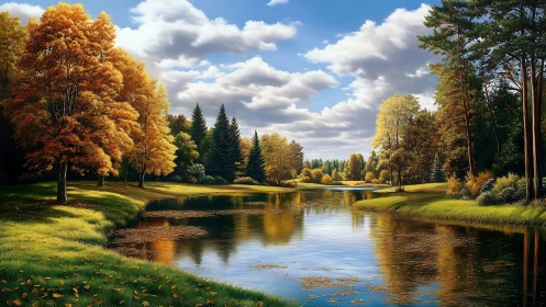 Golden riverside forest under drifting autumn clouds.