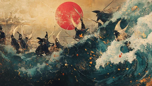 Samurai warriors advancing through turbulent ocean waves.