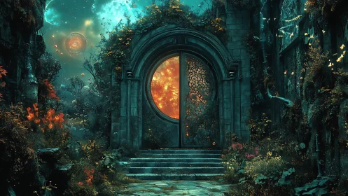 Ancient stone portal opening to glowing cosmic world.