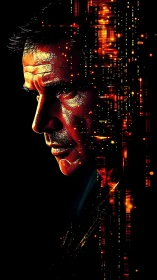 Cybernetic portrait merges human profile with data streams.