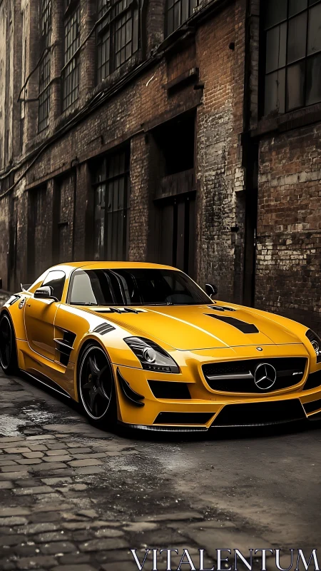 Golden sports car gleaming against a gritty city alleyway.