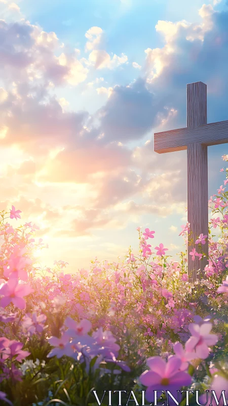 Sunrise cross rising over whisper-soft meadow of pink blooms.