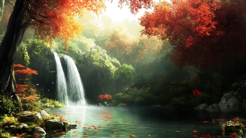 Waterfall hush drapes an autumn lagoon in quiet fire