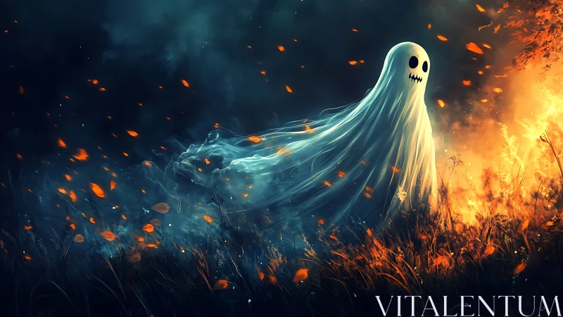 Whimsical spectral figure in fiery autumn meadow at night