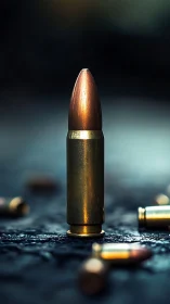 Single brass bullet stands upright against moody dark blur.