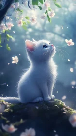 Luminous white kitten under bokeh-filtered sakura canopy.