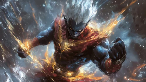 Energy-charged superhuman surges forward in dynamic combat pose