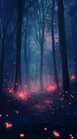 Enchanted forest glows with neon embers at twilight.