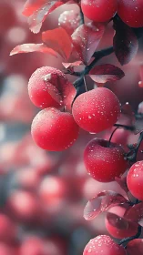 Red apples with dewdrops against soft pastel bokeh.