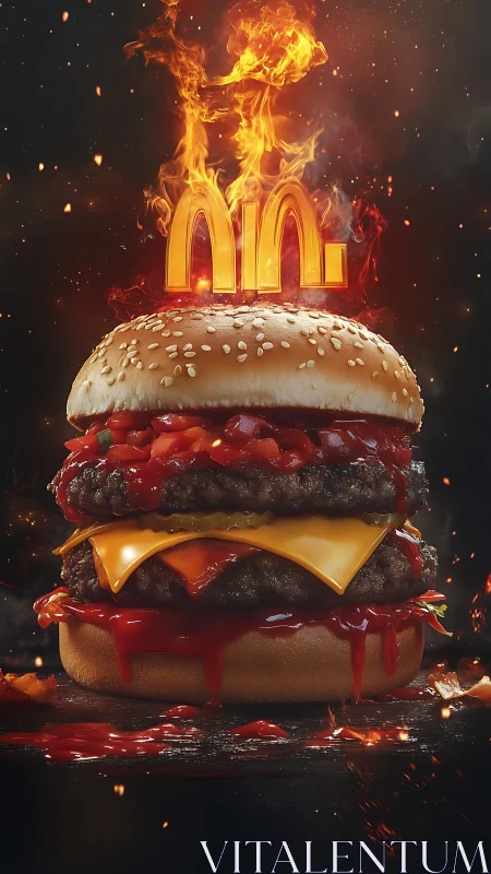 Stacked cheeseburger render shows flaming emblem above bun