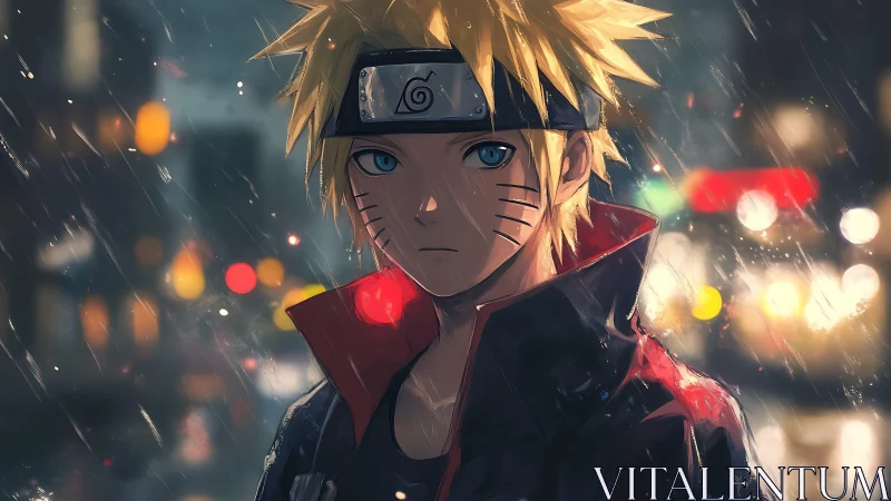 Stoic anime hero stands in neon city rain at night