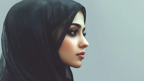 Elegant woman in black hijab, realistic portrait, soft lighting.