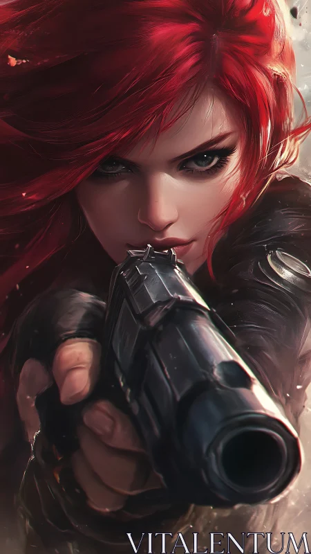 Fearless red haired heroine holds her aim with calm focus