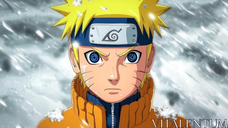 Blond ninja stands resolute in driving winter snowstorm.