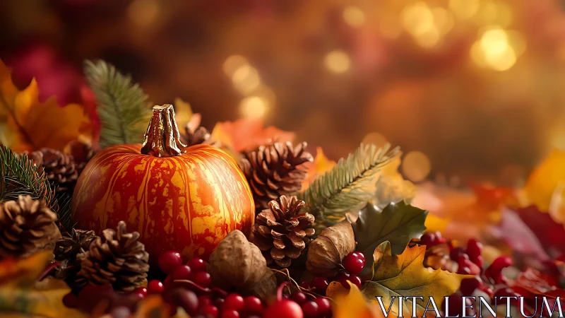 Striped pumpkin rests amid pinecones and autumn foliage