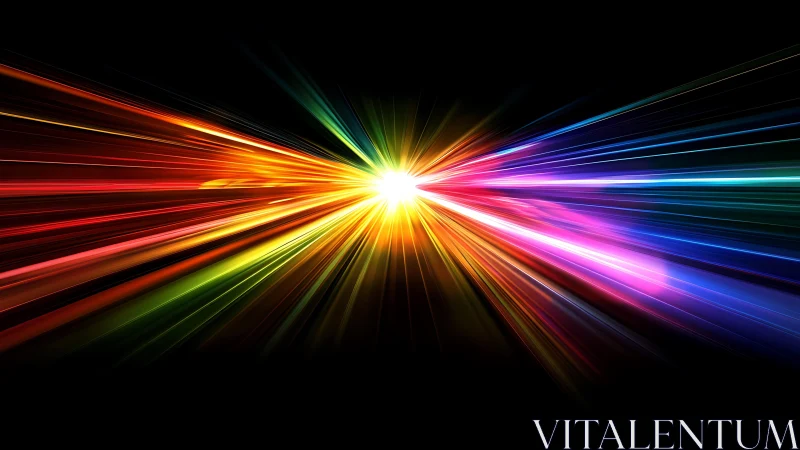 Vivid multicolored light burst in abstract digital style on black background.