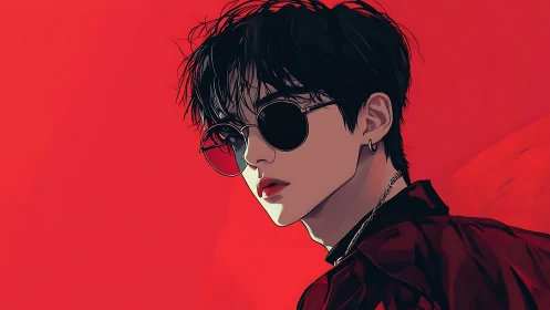 Cool sunglasses and bold style against vivid red backdrop.