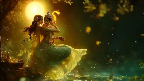 Divine couple illuminated by backlit moon in ethereal palette